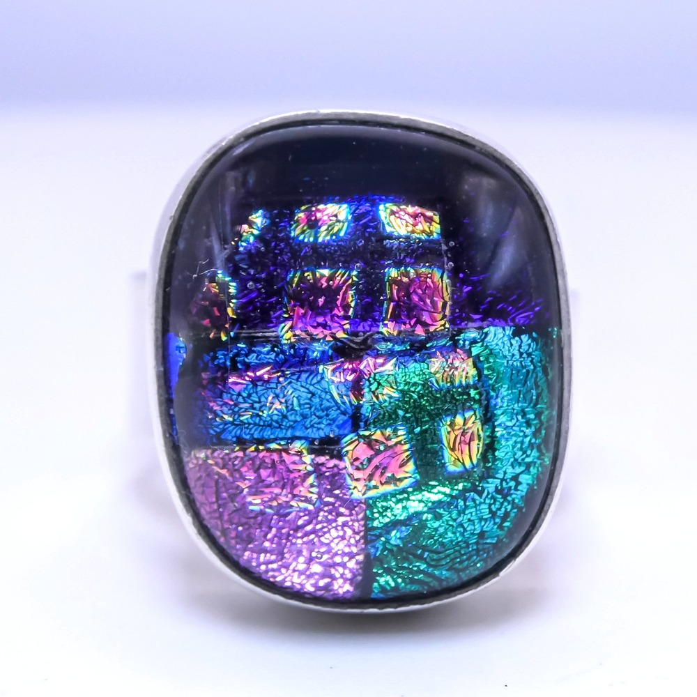 Handmade Dichroic Glass Cabochon Adjustable Geometric Sterling Silver Sz 7 Ring
